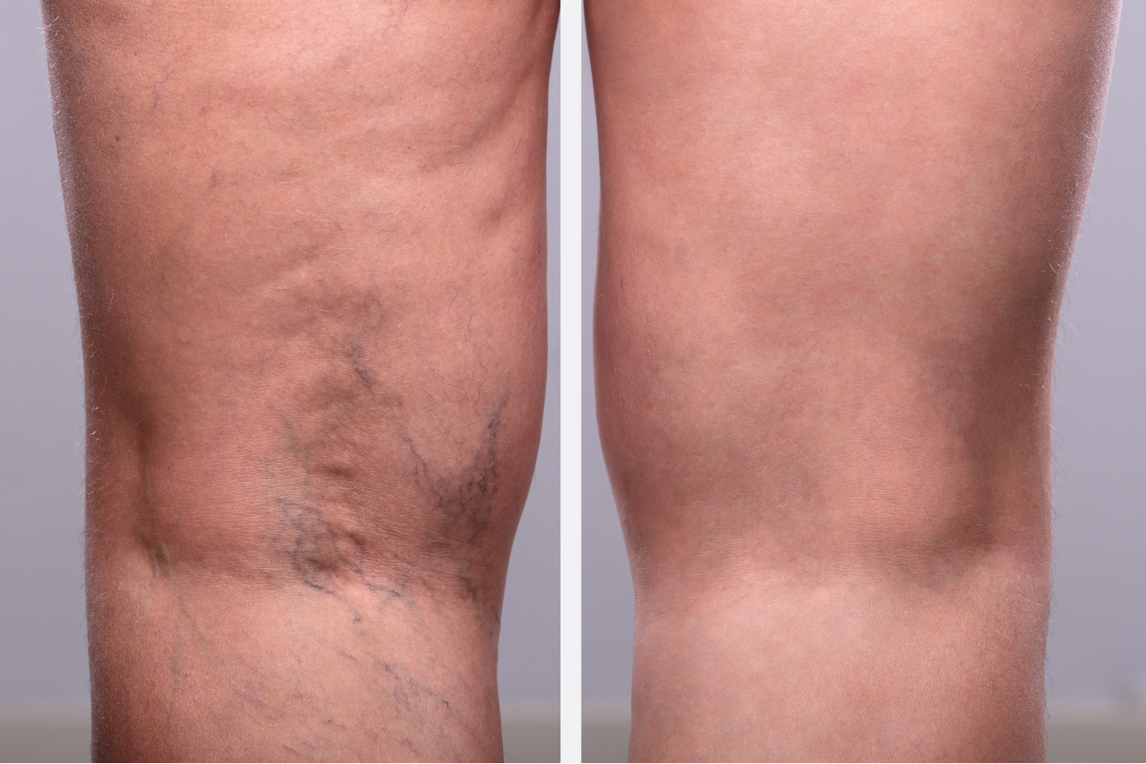 A Person Knee's With Varicose Veins And Capillaries Before And After Medical Treatment